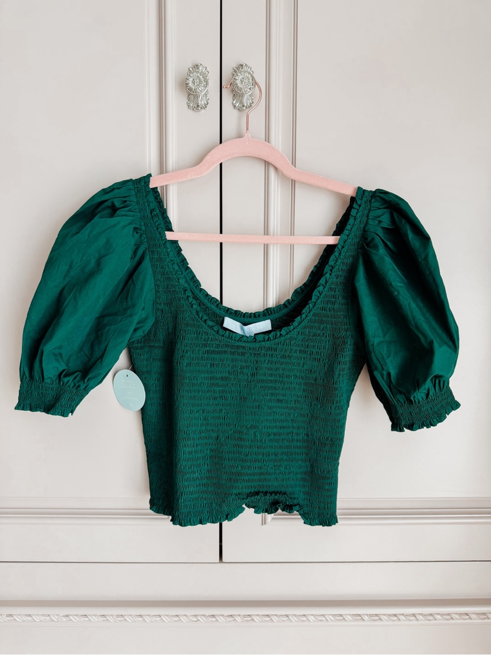 Hill House Home Aiko Top Emerald Green Puff Sleeve Smocked Top Sz M